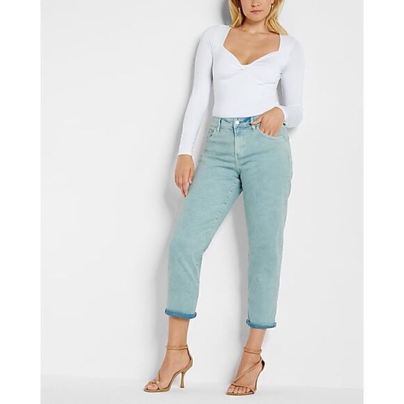 NWT Express Mid Rise Mint Green Tinted Boyfriend Jeans, Size 8R - Picture 4 of 16